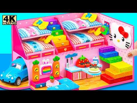 Cute Build 2 Floor Pink Hello Kitty Mini House with Bunk Bed, Garage ❤️ DIY Miniature Clay House