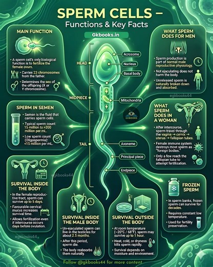 Sperm cells are specialized male gametes designed to fertilize the female ovum. This infographic explains their structure (head, midpiece, tail), functions, survival inside and outside the body, and important reproductive facts in a clear, exam-ready format. #SpermCells #HumanReproduction #BiologyNotes #AnatomyAndPhysiology #NEETBiology | Gkbooks