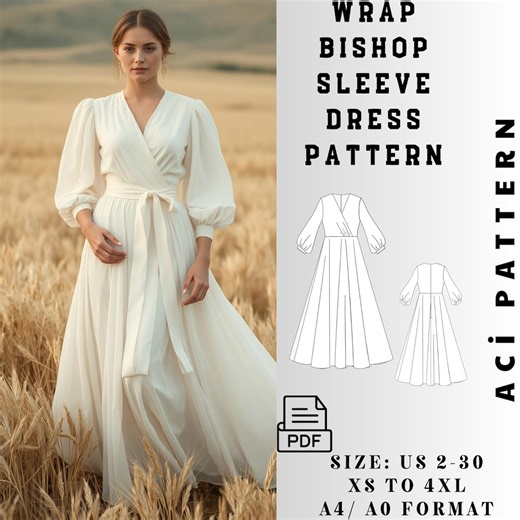 Wrap Dress Sewing Pattern, Bishop Sleeve Dress Pattern, Long Wrap Linen Dress, Puffy Sleeve Boho Dress, Cottagecore Dress PDF 2 A4 /A0 - Etsy