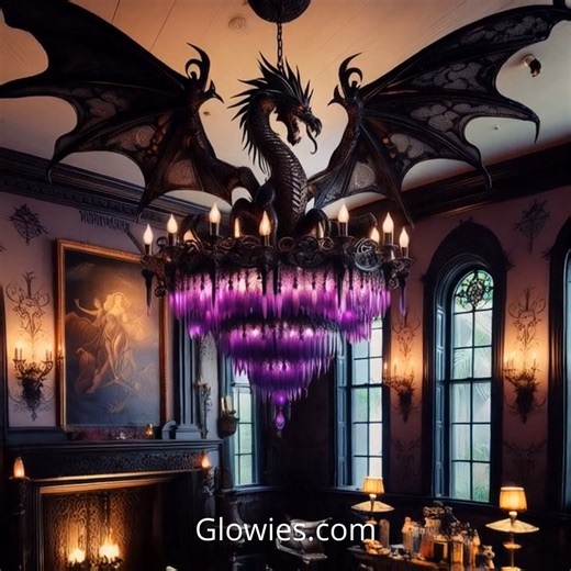 In the heart of the haunted French Quarter, this gothic black and purple dragon chandelier glows with a mysterious fire. Suspended in an old New Orleans parlor, it curls like a creature of myth—casting flickering shadows on century-old walls. Its stained glass wings shimmer with deep violet light, bringing gothic grandeur to this historic, ghost-kissed home. A true masterpiece for those who live where legends linger. 🐉🖤💜🏚️✨ | Gothic Darling