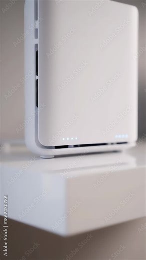 A contemporary white wireless router sits on a clean white surface, its small blue indicator lights softly blinking, suggesting connectivity and advanced technology.