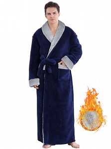 Robes for Men, LOFIR Long Mens Robes, Warm Soft Plush Mens Robe with Hood, Thick Robe for Men with Side Pocket and Belt, Bathrobes for Men Gifts, Navy Blue,M