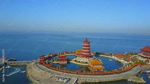 PENGLAI, SHANDONG, CHINA - Penglai Port has ferry services to the local Changdao Islands and to Dalian. Penglai - The Fortified Harbour Of Ancient China (aerial photography)