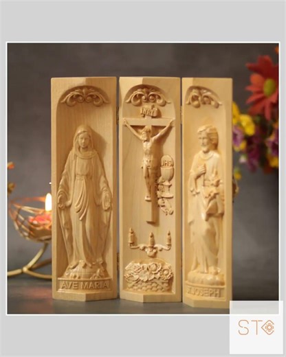 Prayer Altar Jesus Christ/ Saint Joseph/ Our Lady Catholic Triptych Wood Carving Icon Catholic Ho...