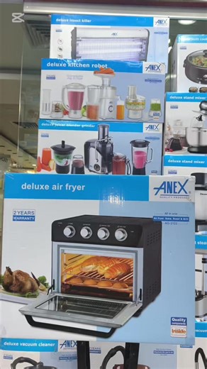 Anex 3in1 Air fryer. AG-2123 220V-240V 50/60 Hz 1200W 2 Years Warranty Features: Air Frying, Baking, Roasting & Grilling. Inner lamp to monitor the cooking process. Convenient heat operating switch for variable heating. Healthy cooking, with less Oil. Cash on delivery. For order inbox us your address we will deliver at your doorstep or visit our outlet at Raniya Mall Bank Road Saddar Rwp Shop num Lg56 📞 0515120176 WhatsApp num 03325550331 Note: All the products are original and in company warra