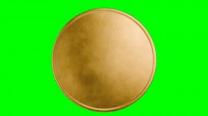 Animation of the rotation of an empty gold coin on a green background, chromakey.