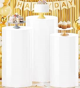White Cylinder Pedestal Stand for Party 3PCS Cylinder Stands Pedestal Display Stand Plastic Cylinder Tables for Parties Vintage Cylinder Cake Stand Plinth for Birthday Reception Decor