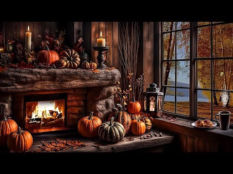 FALL COZY FIREPLACE AMBIENCE-AUTUMN FALLING LEAVES-CRACKLING FIREPLACE-PUMPKINS-FLICKERING CANDLES