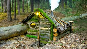 Building a warm and cozy bushcraft log cabin under a fallen tree trunk for forest survival.#survival #adventure #wilderness #camping #bushcraftcamping​ #logcabin #cabin | Hukida y Javier