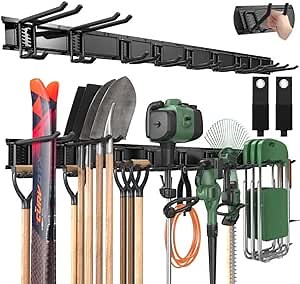 LBT 66" Garage Tool Organizer Wall Mount - 720lbs Garden Tool Organizer with Adjustable Hooks, Heavy Duty Metal Garage Storage Rack, Anti-Rust Shed Rack Holder Hanging Rake Broom Mower Snowboard