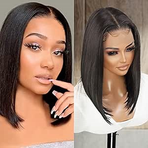 GLAM21USA HD Lace Front Bob Straight Wig 13X6 Glueless Invisible Transparent Lace Frontal Human Hair Blend Preplucked Swiss-lace Shoulder Length Synthetic Wig - Brianna (NeutralLace, 2-DARKBROWN)