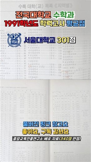 전국대학교 수학과 1991학년도 학력고사평균점 #shorts #수학과