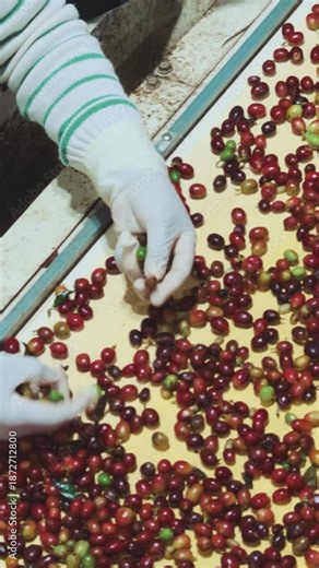 Manual Coffee Selection Workers Hand Sorting Ripe Cherries on Conveyor Belt Sorting fresh red coffee, quality control standards of specialty coffee production.