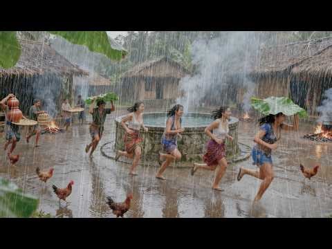 EXTREME WEATHER INDONESIA ⚡ Heavy rain and thunderstorms in beautiful small villages / Rain Walk