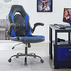 NEWBULIG Gaming Ergonomic Office Computer Footrest and Lumbar Support, PU Leather Adult Chair with Height Adjustable Rolling Wheels, Blue