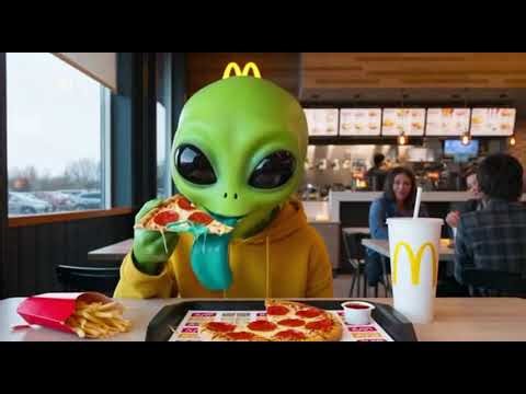Alien eat pizza in mcdonald restaurant