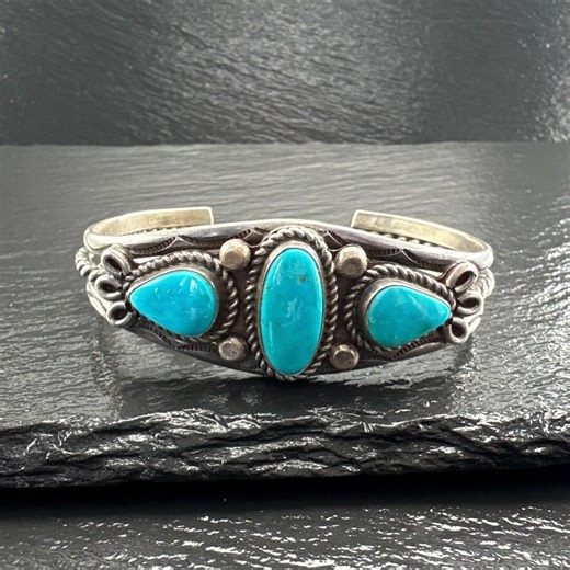 Native American Turquoise Cuff Bracelet, Sterling Silver (three Stone) 6 1/4" - Etsy