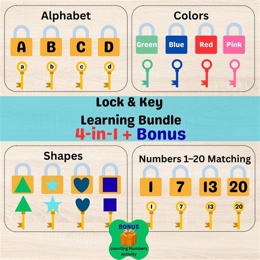 Lock and Key Learning Bundle for Preschool | Alphabet, Numbers, Colors and Shapes Printable - Etsy