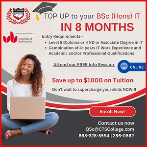 🟥 NO CXC/CSEC ❌ NO Problem ❌ Get $1,000 (Per level) from CTS College to HELP you take home an IT Degree! 🟥 Qualify/Learn more TAP👉 https://mailchi.mp/ctscollege/uob-bsc-it 📛 📛 📛 📛 📛 With OR without CSEC/CXC and Mature Candidates can start with a Certificate in Software Engineering and progress into the University of Bedfordshire’s BSc Information Technology Degree programme! Pursue a career in ICT today * * * * * * * * * * * * * * * WhatsApp Me 📳328-8594 📳286-0862 | Email📧 bsc@CTSColl