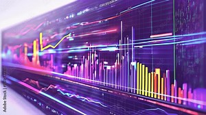 A futuristic linear histogram with graphs and charts on a white background, a dashboard with graphs, lines, surfaces, and colorful diagrams, an animated dashboard