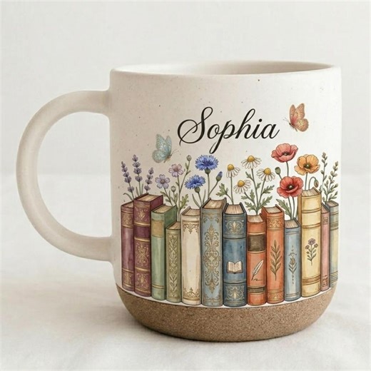 Personalised Vintage Bookshelf Library Pottery Mug, Custom Name Book Lover Gift, Floral Reading Coffee Cup, Bookish Mug for Reader - Etsy