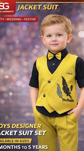 Sehgal_Garments on Instagram: "🔥 Make Your Little Star Shine in Style! Introducing our premium Boys Designer Jacket Suit Set 💛🖤 Perfect for Party | Wedding | Festive Wear ✨ Stylish Overlap Jacket ✨ Trendy Feather Embroidery Work ✨ Matching Bow Tie Included ✨ Premium Party Look 📏 Available Sizes: 6 Months to 5 Years 🏷 Limited Stock Available Dress him like a showstopper 💫 #explorepage✨ #sehgalgarments #kids #viralreels #trending"
