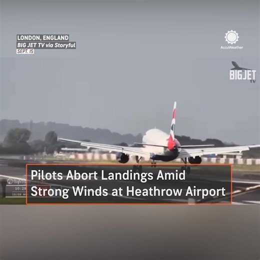 30K views · 386 reactions | Several airplanes had to abort landings amid strong winds at London’s Heathrow Airport on Monday. The highest wind gust of 78 mph was recorded on the Isle of Wight off England’s south coast, according to the UK Met Office. | AccuWeather | Facebook