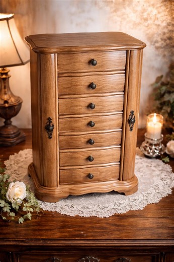 Solid Wood Jewelry Armoire Chest With Mirror | Tall Jewelry Box Organizer | Velvet Lined | Heavy Wooden Cabinet - Etsy