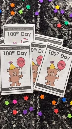 Natalie Klinefelter on Instagram: "Comment 100 and I’ll send you the 🔗 to grab these FREE 100th day of school decodable readers! These books make differentiation easy - they’re written in 10 levels from alphabet to CVC to diphthongs so you can easily use them with every reader! #kindergartenteacher #firstgradeteacher #scienceofreading #decodablereaders #kindergarten #iteachk #kindergartenactivities #decodablebooks"