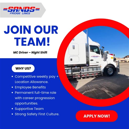 🚛 MC Driver – Night Shift | Esperance, WA Sands Fridge Lines is looking for an experienced MC Driver to join our Linehaul team for Esperance changeover work. This is a permanent, full-time night shift role, offering competitive weekly pay plus a location allowance. Based at our Esperance depot, you’ll work Monday to Thursday, starting at 5:00 PM, delivering produce and stock safely to our depot and local customers. In this role, you will: ✅ Operate double road trains safely and efficiently ✅ Co
