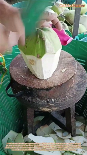 Transformation de la noix de coco : épluchage de jeunes noix de coco vertes à l'aide d'un couperet