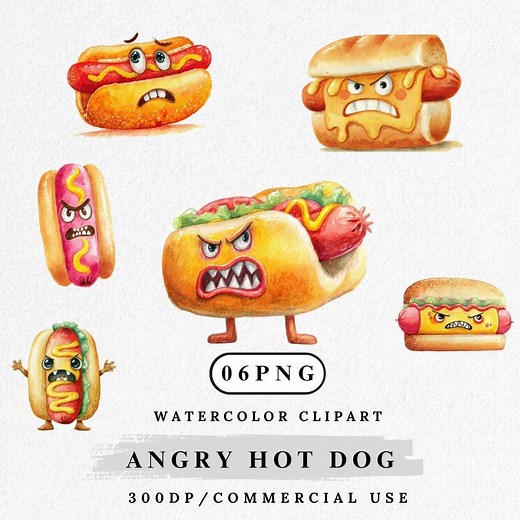 Funny Angry Hot Dog Clipart: Cartoon Food PNG Bundle (digital Download - Etsy