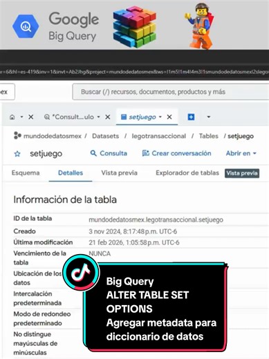 Big Query - ALTER TABLE SET OPTIONS Agregar metadata para diccionario de datos Se muestra el uso de ALTER TABLE SET OPTIONS para agregar metadata y tener diccionario de datos utilizando Big Query. Conjunto de datos: https://www.kaggle.com/datasets/rtatman/lego-database #BigQuery #Metadata #DataDictionary #ALTERTABLE