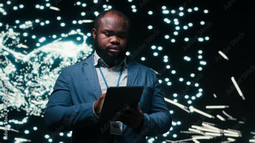 Optimizing neural network, tablet and computer scientist using AR simulation neurons map. Fine tuning AI model, device and African american man adjusting machine learning synaptic weights, camera B