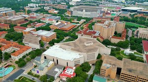 Austin, Texas United States - UT clock Tower of the university of texas - 8 June 2023 - (Aerial drone view in 4K )