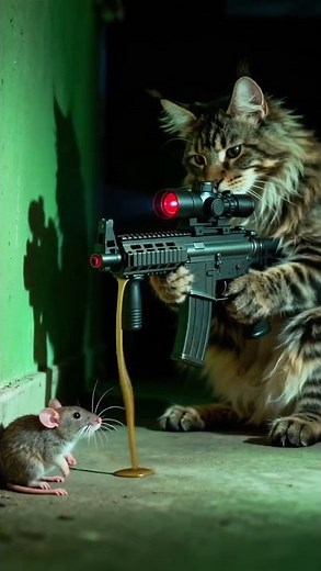 Will Cat Shoot the Mouse? Coon Aims Rifle with Laser Sight!