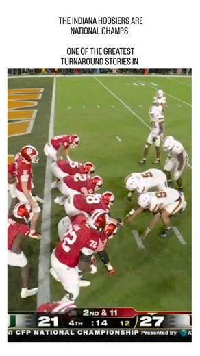 sport.clipusa on Instagram: "ESPN's post captures the euphoric moment of Indiana Hoosiers' 21-17 victory over Oklahoma in the 2026 CFP National Championship, featuring highlight clips of key plays and commentator praise for ending a century of futility. Under new coach Curt Cignetti since 2024, Indiana achieved a stunning 16-0 season—the first perfect record in major college football history—after a 3-9 mark two years prior, with QB Fernando Mendoza's Heisman win fueling blowout victories like 3