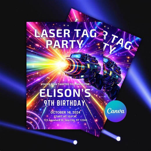 Laser Tag Birthday Invitation for 9 Year Old Boy, Neon Glow Party Invite, Glow in the Dark Party, Editable Template - Etsy Canada