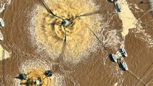 The industrial wastewater treatment pond employs biological and chemical processes to remediate effluents. Microorganisms break down contaminants, while chemicals precipitate impurities. Aerial view.