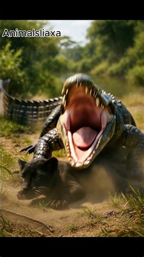 The python spotted the black panther cub on the riverbank.