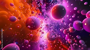 3D rendering of an abstract art animation video with 3D balls in the process of exploding based on small spheres or bubble particles in orange, red, purple and blue colors.
