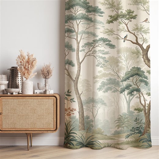 Cottagecore Forest Linen Curtains, Vintage Woodland Tree Drapes, Nature Landscape Window Panels - Etsy