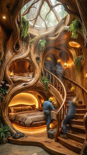 How This Treehouse Interior Is Built | Carved Wood Staircase Timelapse