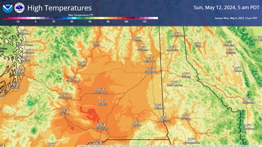 Warming Up This Week: This animation shows our high temperature forecast for Tuesday through Sunday. By Thursday, some spots like Moses Lake, Tri Cities, and Omak will be flirting with 80 degrees. By the weekend, widespread 80s are expected across most of central and eastern Washington. Average first day reaching 80 degrees (30 year avg): -Moses Lake: May 1 -Lewiston ID: May 3 -Wenatchee WA: May 3 -Omak WA: May 6 -Kellogg ID: May 12 -Spokane WA: May 17 -Pullman WA: May 17 -Coeur d'Alene: May 23 