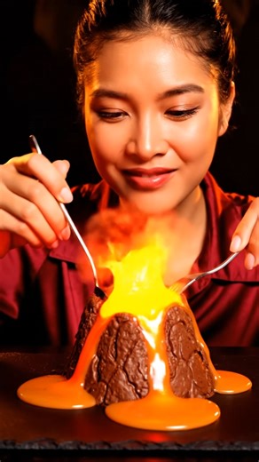 Volcano cake eating 🥵🥶..girl #ai #food #lava #entertainment #cooking
