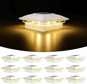 VOLISUN Solar Post Cap Light Outdoor Waterproof 12pack,Solar Fence - Post Lights for 4x4 5x5 6x6 Wooden/Vinyl Post,White Deck Cap Light Solar Powered with Warm White for Garden/Patio/Porch