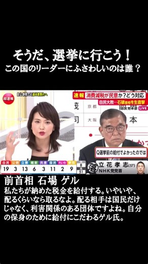 そうだ、選挙に行こう！！ 前首相 石場 ゲル私たちが納めた税金を給付する。配るくらいなら取るなよ。配る相手は国民だけじゃなく、利害関係のある団体ですよね。自分の保身のために給付にこだわるゲル氏。