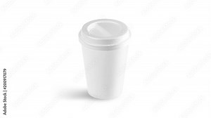 Blank white disposable paper cup mock up isolated, looped rotation, clipping mask, 3d rendering. Empty polystyrene coffee drinking mug mockup isometric side view. Clear plain tea take away package.