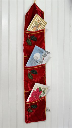 Vintage Hanging Christmas Card Holder, Red Velvet Holly Leaf Beaded Three-tier Vertical Hanging Letter Holder, Holiday Wall Decor - Etsy