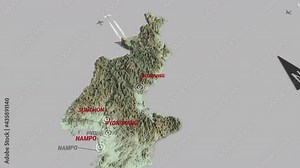 Seamless looping animation of the 3d terrain map of North Korea with the capital and the biggest cites in 4K resolution